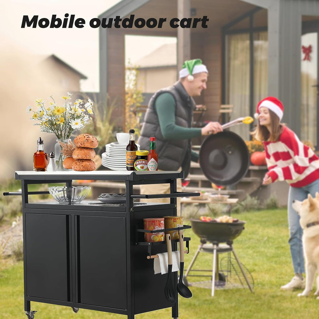 Nessxa Outdoor Grill Cart Bar Cart with Storage Cabinet for Grilling Accessories, XL Portable Outdoor Grill Table with Stainless Steel Top for Kitchen Prep, Lawn & Garden（Black）
