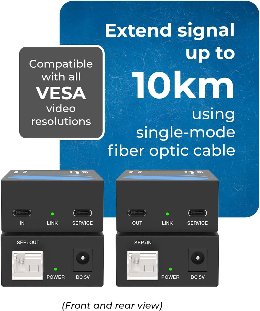 OREI USB-C Extender Over Fiber Optic Balun - ALT Mode UltraHD 4K @ 60Hz 4:4:4 DR, HDR10+, SFP+ - Up to 10 KM in Single Mode - 300M in Multi-Mode