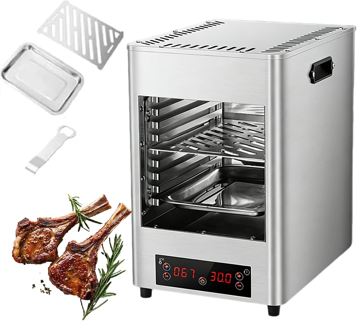 Smokeless Electric Steak Grill | Portable Indoor BBQ Grill with Timer and Temperature Control, for Meats, Burgers, and Pizzas Metallic