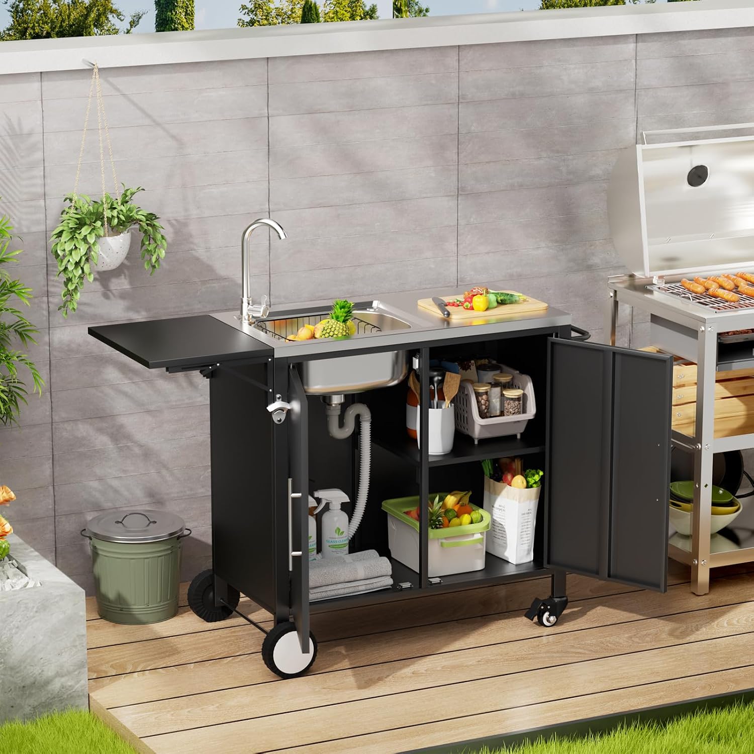 Outdoor Grill Table with Sink, Metal Worktable Kitchen Cabinet Island w/ 304 Stainless Steel Sink, Foldable Top and Storage Cabinet, Rolling Grill Cart with Wheels for Garden, Backyard and Lawn