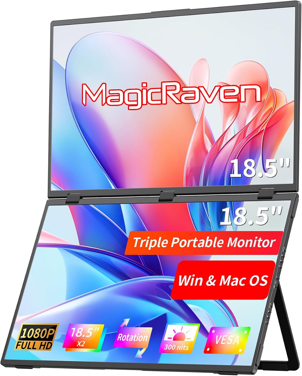 MAGICRAVEN Portable Dual Monitor for Laptop, Foldable Laptop Screen Extender, Plug & Play No Driver, 1080P FHD IPS Triple Screen for Travel & Office, Compatible with Mac, Windows -18.5'