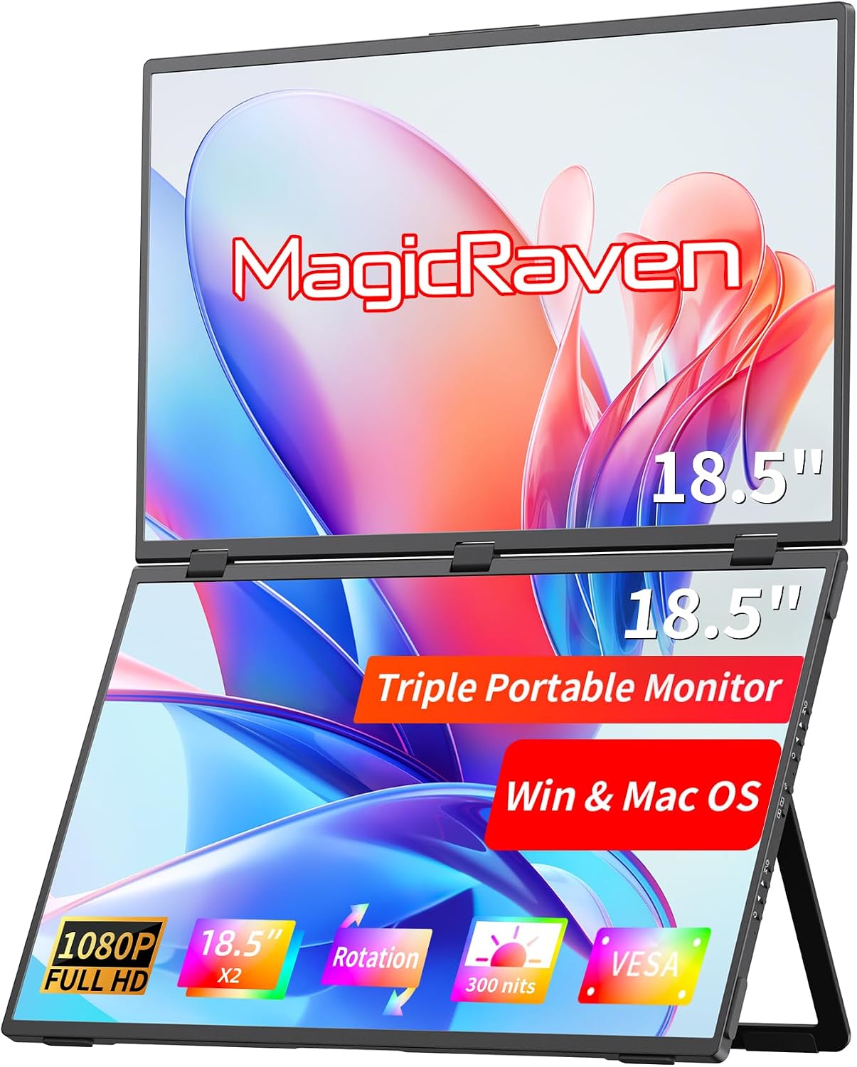 MAGICRAVEN Portable Dual Monitor for Laptop, Foldable Laptop Screen Extender, Plug & Play No Driver, 1080P FHD IPS Triple Screen for Travel & Office, Compatible with Mac, Windows -18.5'