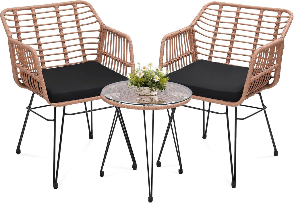 KROFEM 3 Piece Wicker Patio Bistro Furniture Set, Includes 2 Rattan Chairs and Glass Top Table, Ideal for Porch, Outdoor, Backyard, Apartment, Balcony, Natural