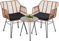 KROFEM 3 Piece Wicker Patio Bistro Furniture Set, Includes 2 Rattan Chairs and Glass Top Table, Ideal for Porch, Outdoor, Backyard, Apartment, Balcony, Natural