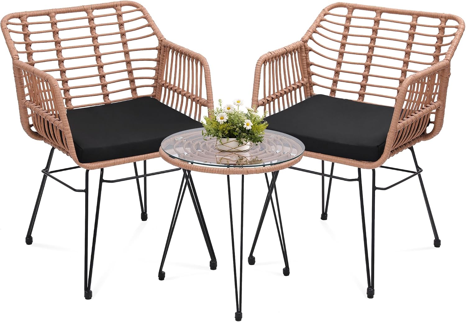 KROFEM 3 Piece Wicker Patio Bistro Furniture Set, Includes 2 Rattan Chairs and Glass Top Table, Ideal for Porch, Outdoor, Backyard, Apartment, Balcony, Natural