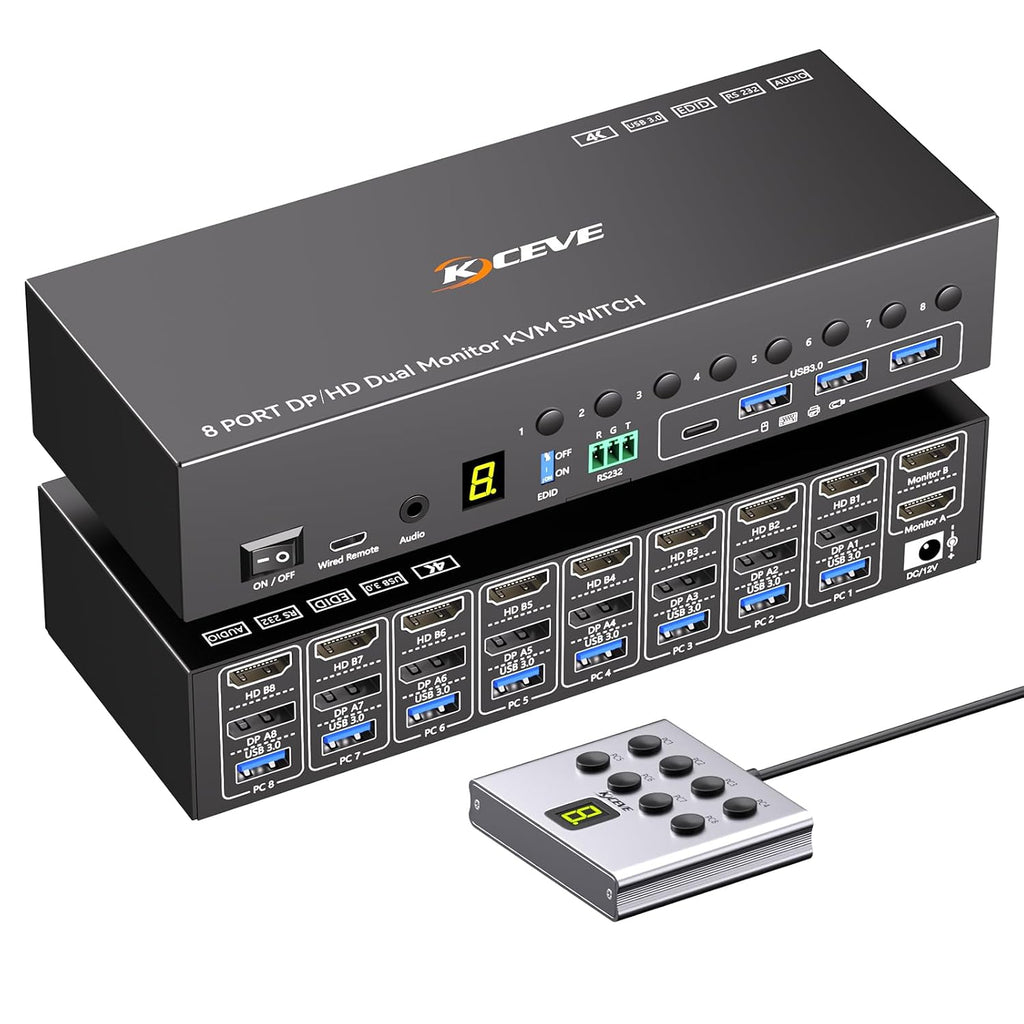 8 Port DisplayPort KVM Switch 4K@60Hz EDID Simulation, USB 3.0 DP KVM Switch for 8 Computers Share 1 Monitor and 4 USB Devices, Audio RS232,Wired Remote, 12V Power Supply & 8 USB Cables Included