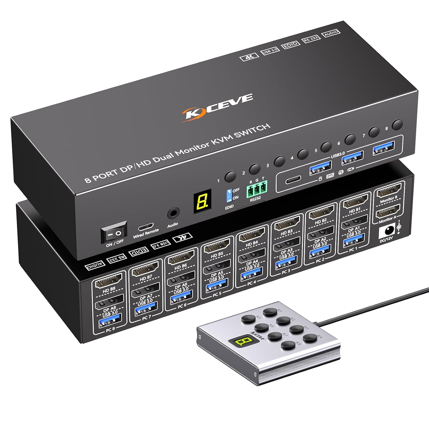 8 Port DisplayPort KVM Switch 4K@60Hz EDID Simulation, USB 3.0 DP KVM Switch for 8 Computers Share 1 Monitor and 4 USB Devices, Audio RS232,Wired Remote, 12V Power Supply & 8 USB Cables Included