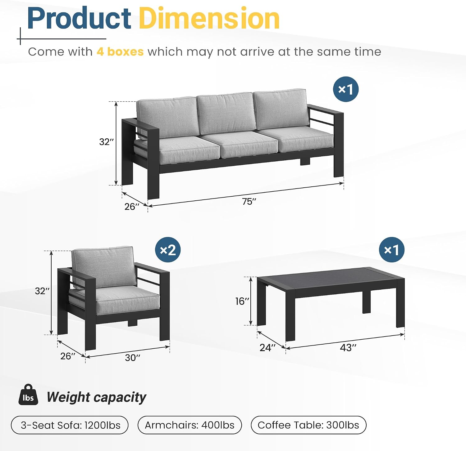 Wisteria Lane Aluminum Patio Furniture Set for All Weather, Oversized Metal Outdoor Furniture Set with 27.5' Deep Seat and 10' Back Cushion, Patio Conversation Sets with Wide armrest, Light Gray