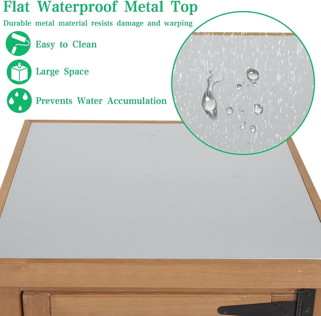 Tall Outdoor Storage Cabinet, Weatherproof Wooden Garden Potting Bench with Metal Top & Adjustable Shelves, Outdoor Patio Cabinets Work Station for Balcony, Pool, Garage