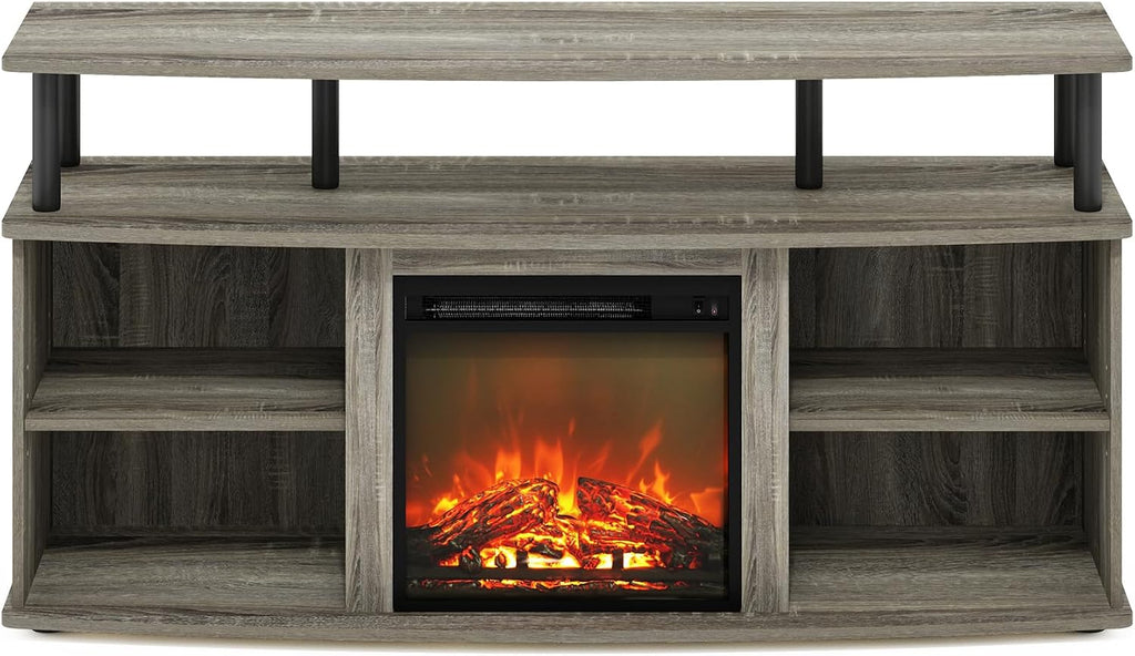 Furinno Jensen Fireplace TV Stand, Entertainment Center, TV Console for TV up to 55 Inch with Fireplace and Open Shelving Storage, for Living Room, Bedroom, French Oak Grey