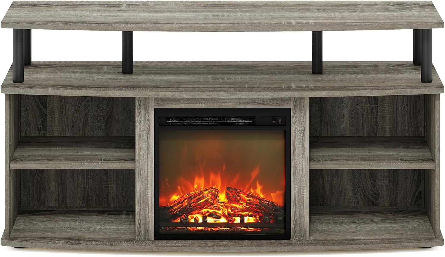 Furinno Jensen Fireplace TV Stand, Entertainment Center, TV Console for TV up to 55 Inch with Fireplace and Open Shelving Storage, for Living Room, Bedroom, French Oak Grey