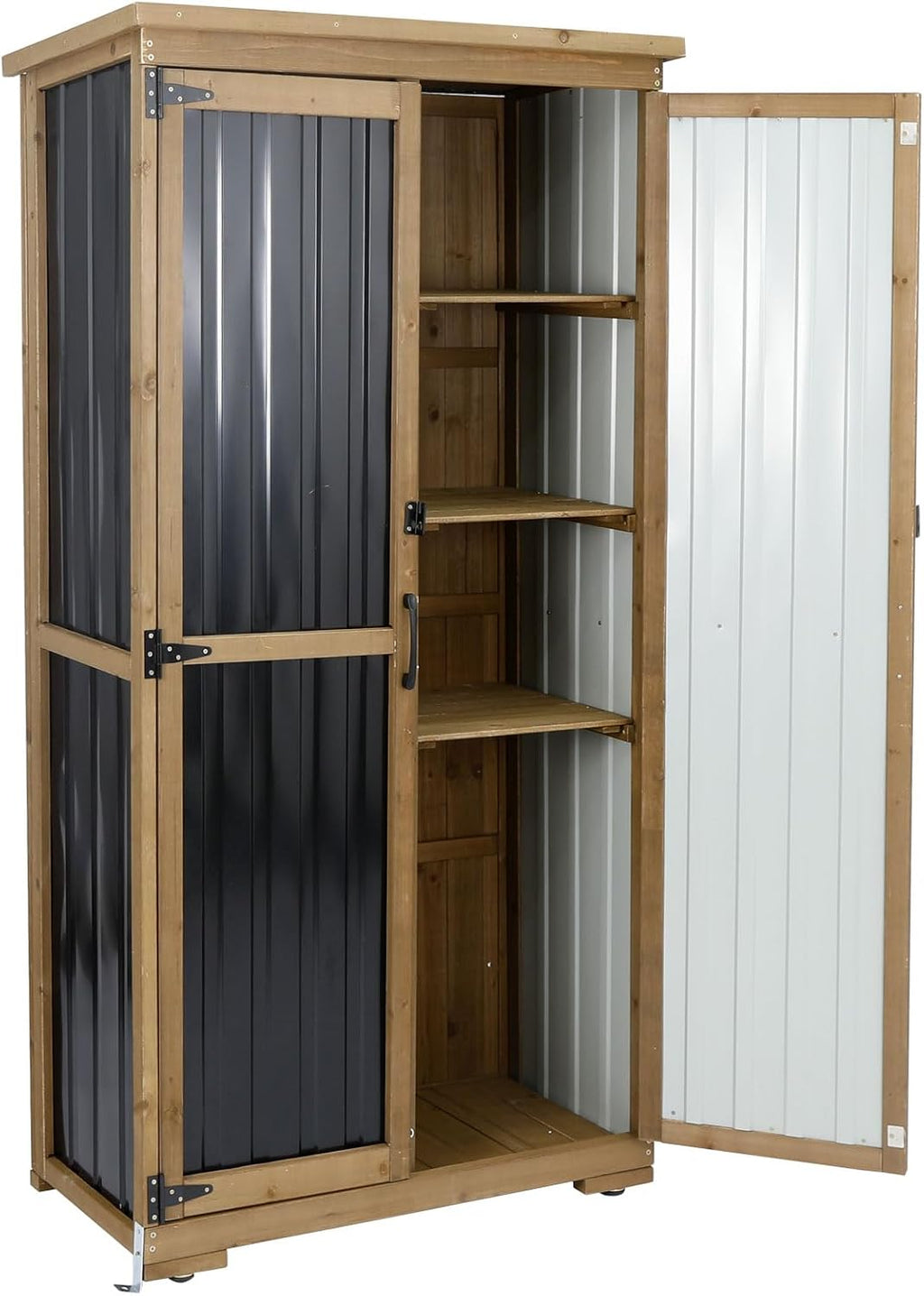 Outdoor Storage Cabinet,Wood & Metal Storage Shed with Adjustable Shelves & Lockable Doors,Vertical Outdoor Cabinets for Backyard Patio, Gardening Tools and Accessories,Brown