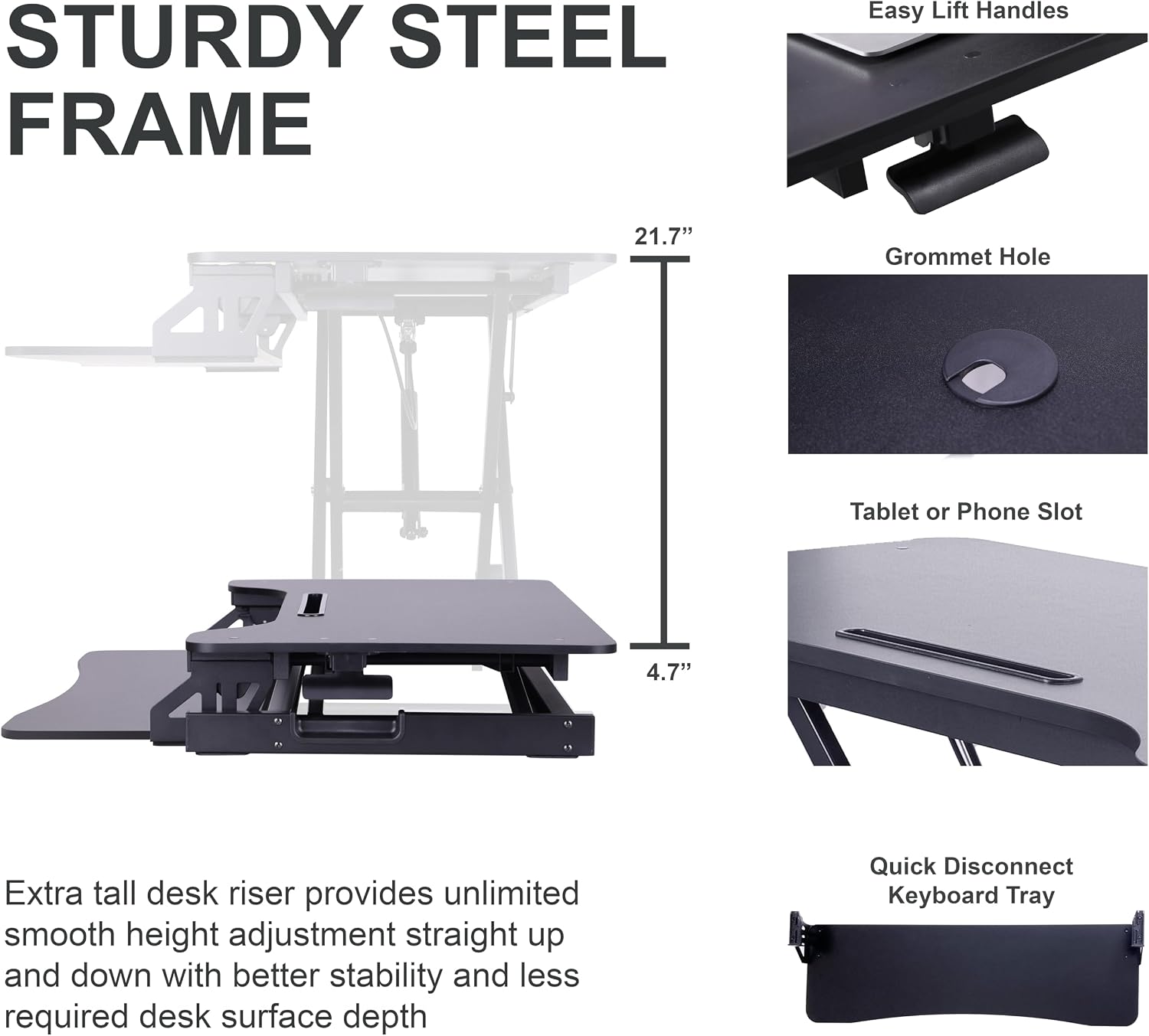 Rocelco 43' Height Adjustable Standing Desk Converter - Tall Sit Stand Up Tabletop Riser with Tablet Slot - Home Office Computer Workstation - Deep Keyboard Tray for Laptop Mouse - Black (R VADRB-43)