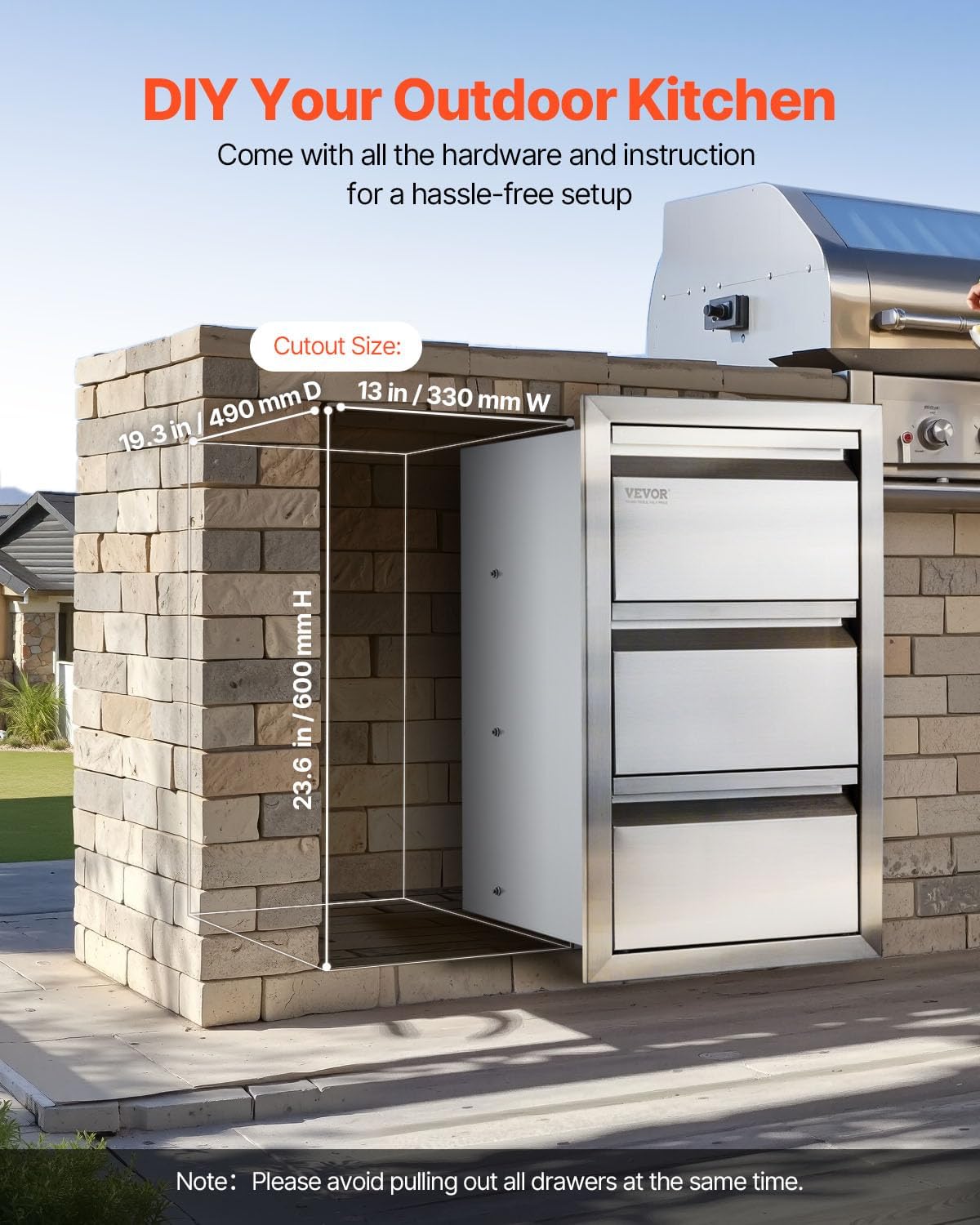 VEVOR Outdoor Kitchen Drawers 14.7' W x 25.4' H x 18.7' D, Box Frame Style Flush Mount BBQ Drawers with Stainless Steel Handle, BBQ Island Drawers for Outdoor Kitchens or Patio Grill Station