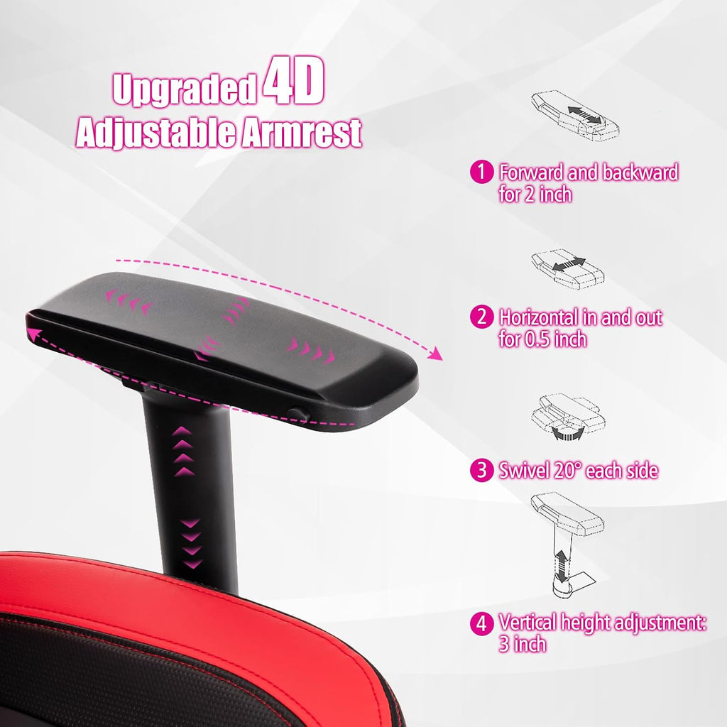 Goplus Gaming Chair, 360° Swivel Computer Chair with Casters, Multi-Angle Reclining, Tension Control, 4D Armrest, Headrest, Gas Lift, Height Adjustable Game Chair for Office, Bedroom, Red