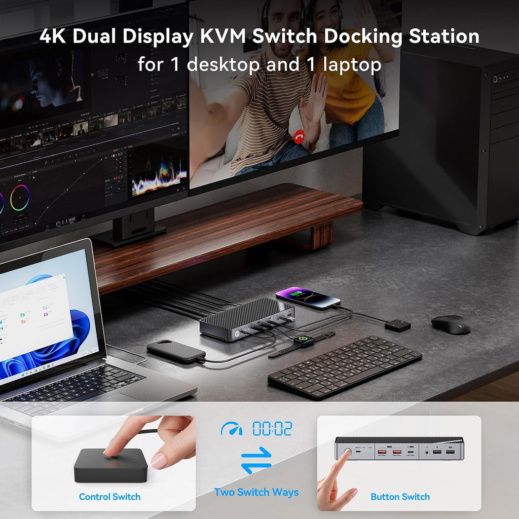 Minisopuru Dual Monitor KVM Switch Docking Station for Laptop & Desktop - with 4K@60Hz HDMI,15W Charge, EDID, 5 USB A USB-C, Audio, for Thunderbolt 5/4/3, USB-C Windows Laptops(Not Support MacBook)