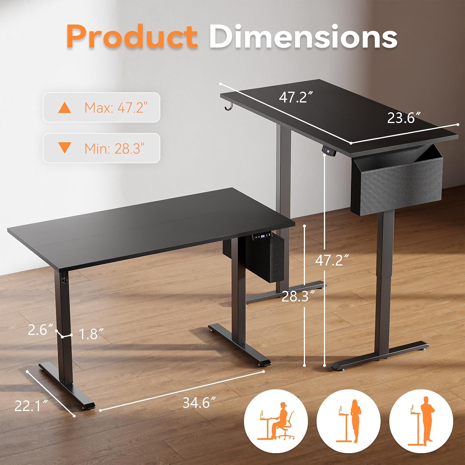 Korfile Electric Standing Desk, 48x24 Adjustable Height Computer Desk with Storage Bag, Memory Presets for Home Work, Study and Gaming, Small Spaces, Modern Furniture, Black