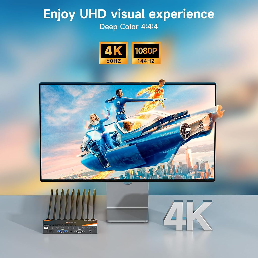HDMI KVM Switch 8 Computers 1 Monitor, 8 Ports USB 3.0 KVM Switcher Support 4K@60Hz for 8 PC Share Keyboard and Mouse, Support Hotkey Switching Way