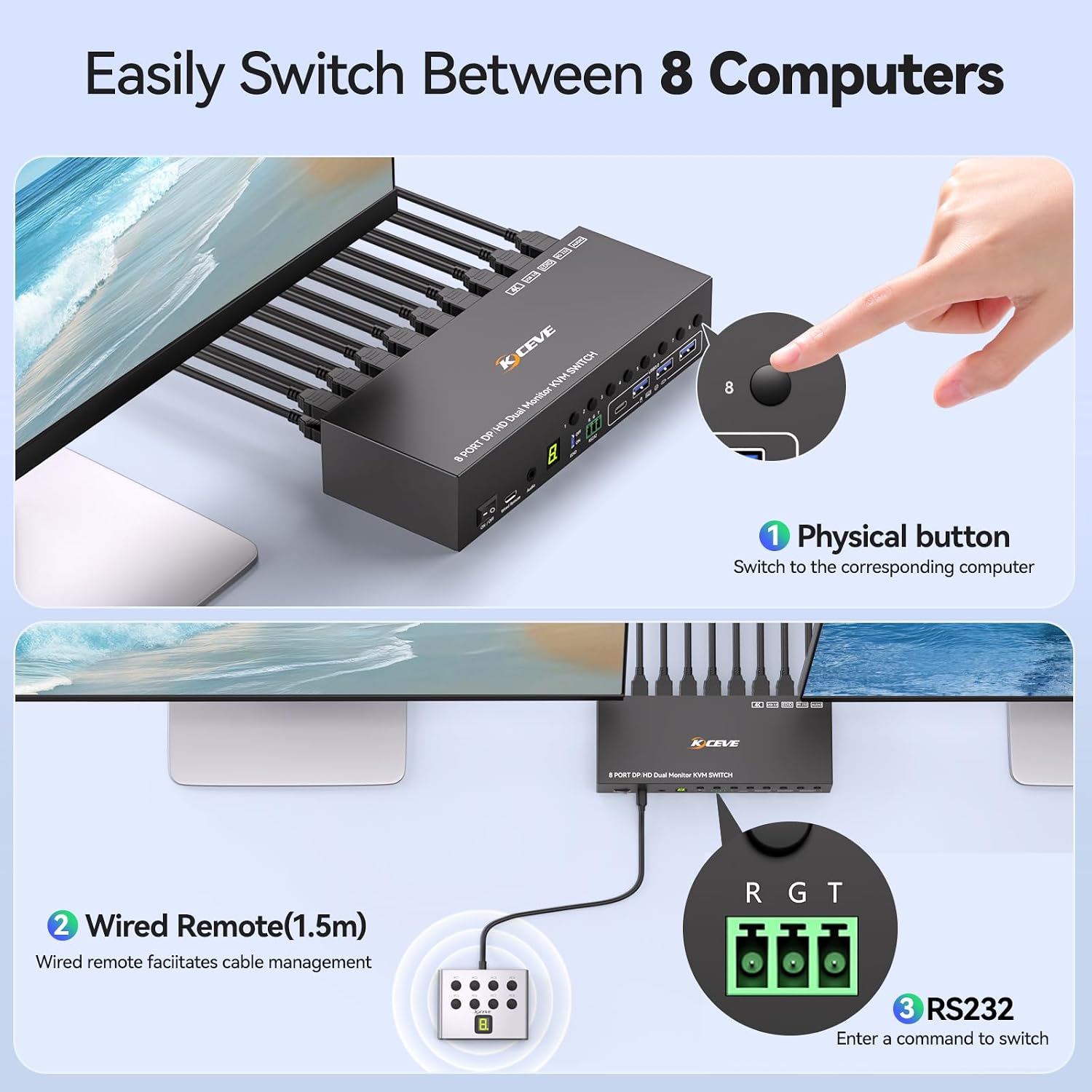 8 Port DisplayPort KVM Switch 4K@60Hz EDID Simulation, USB 3.0 DP KVM Switch for 8 Computers Share 1 Monitor and 4 USB Devices, Audio RS232,Wired Remote, 12V Power Supply & 8 USB Cables Included