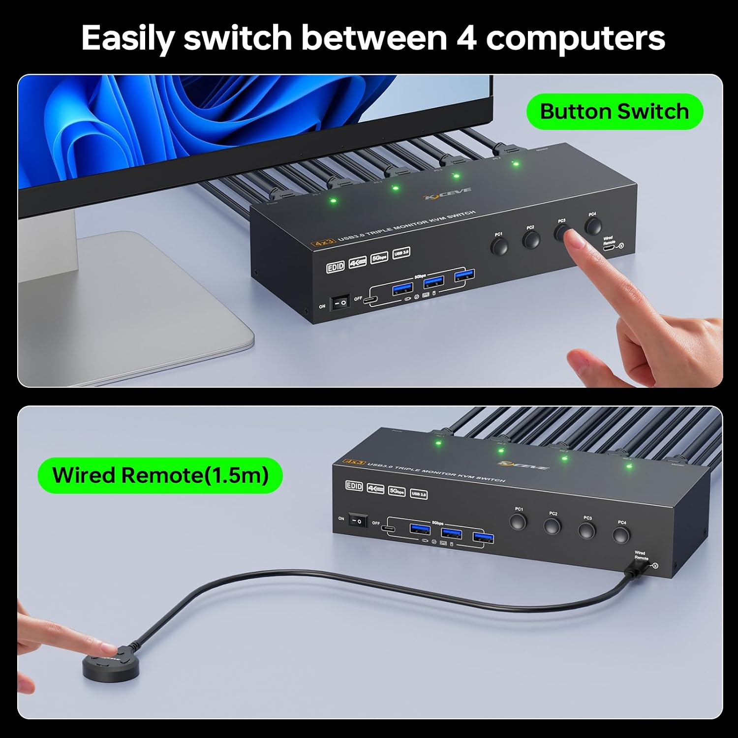 Thunderbolt 4 KVM Switch 3 Monitors 2 Laptops 4K@60Hz, Displaylink USB C Docking Station 3 Monitor KVM for Windows Mac M1 M2 M3 M4, Extended Triple Displays,PD 100W,USB 3.0,USB 3.2,SD/TF,1G Ethernet