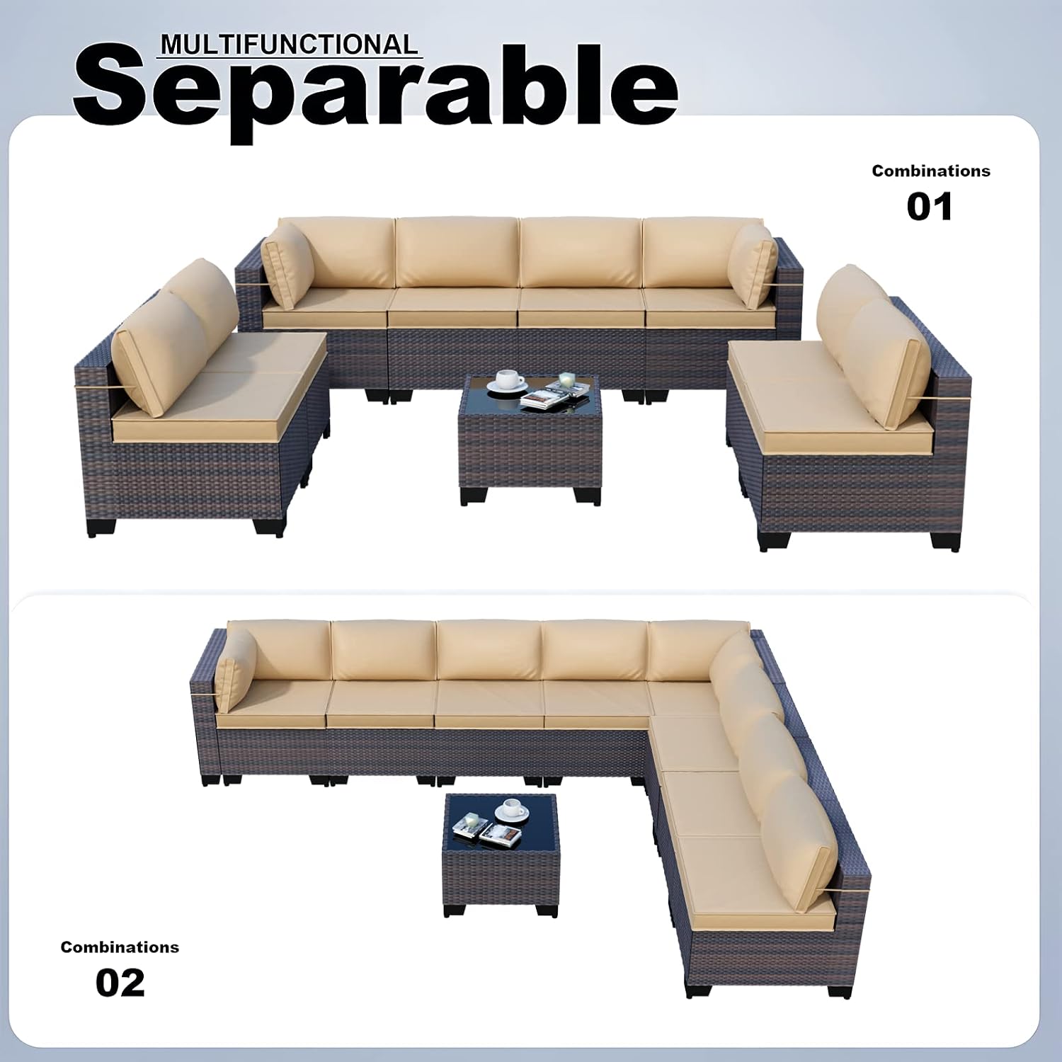 Kullavik 9 Pieces Outdoor Patio Furniture Set,Outdoor Sectional Rattan Sofa Set Brown PE Rattan Wicker Patio Conversation Set with Tempered Glass Coffee Table and Washable Cushions Covers,Sand