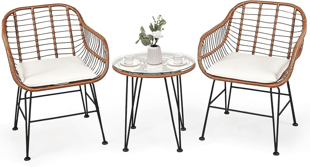 COSTWAY 3 Pieces Patio Bistro Set, Outdoor Rattan Conversation Seating Chair Set with Coffee Table & Soft Cushions, Indoor Wicker Furniture Set for Garden, Balcony, Porch, Pool,Beige