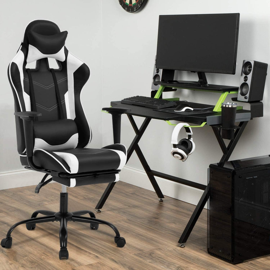 Gaming Chair, Ergonomic Office Chair Leather Chair with Adjustable and Swivel and Reclining High Back Computer Chair with Lumbar Support and Headrest, White