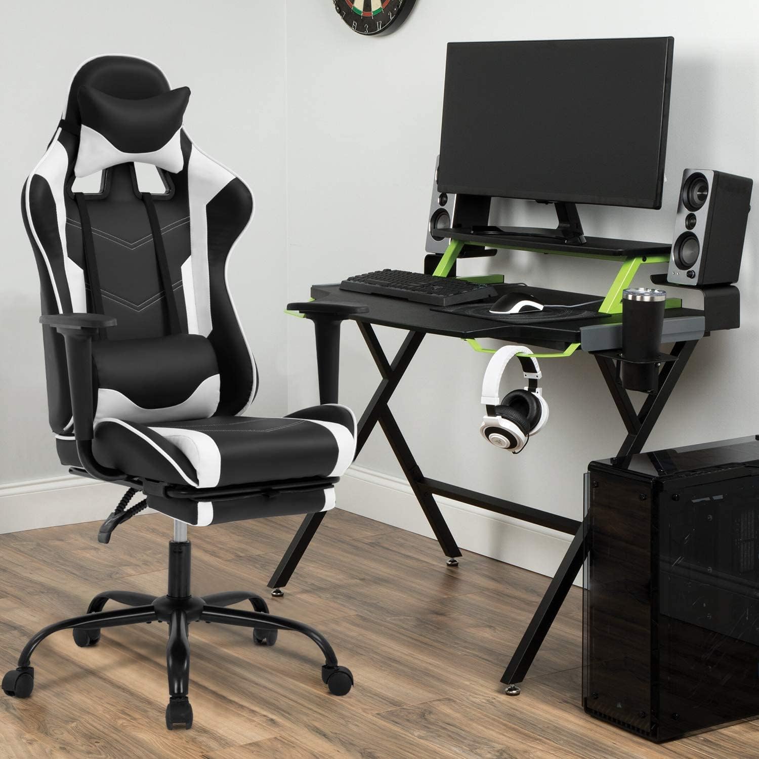 Gaming Chair, Ergonomic Office Chair Leather Chair with Adjustable and Swivel and Reclining High Back Computer Chair with Lumbar Support and Headrest, White