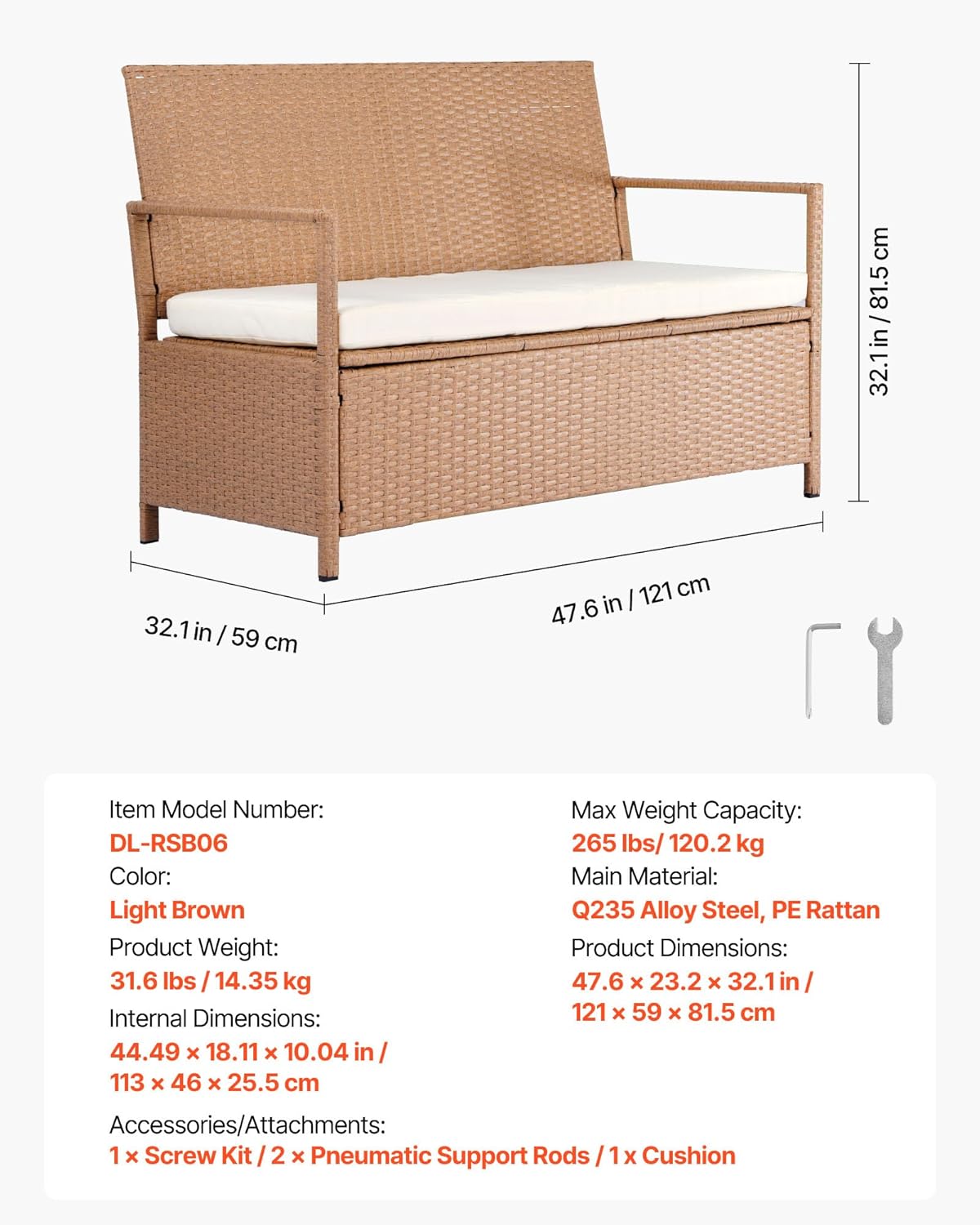 VEVOR Outdoor Storage Bench, 2-Person PE Rattan Storage Bench, 70 Gal Deck Box with Cushion, Supports up to 265 lbs, Outdoor Seating & Porch Decor for Patio Garden Balcony Yard