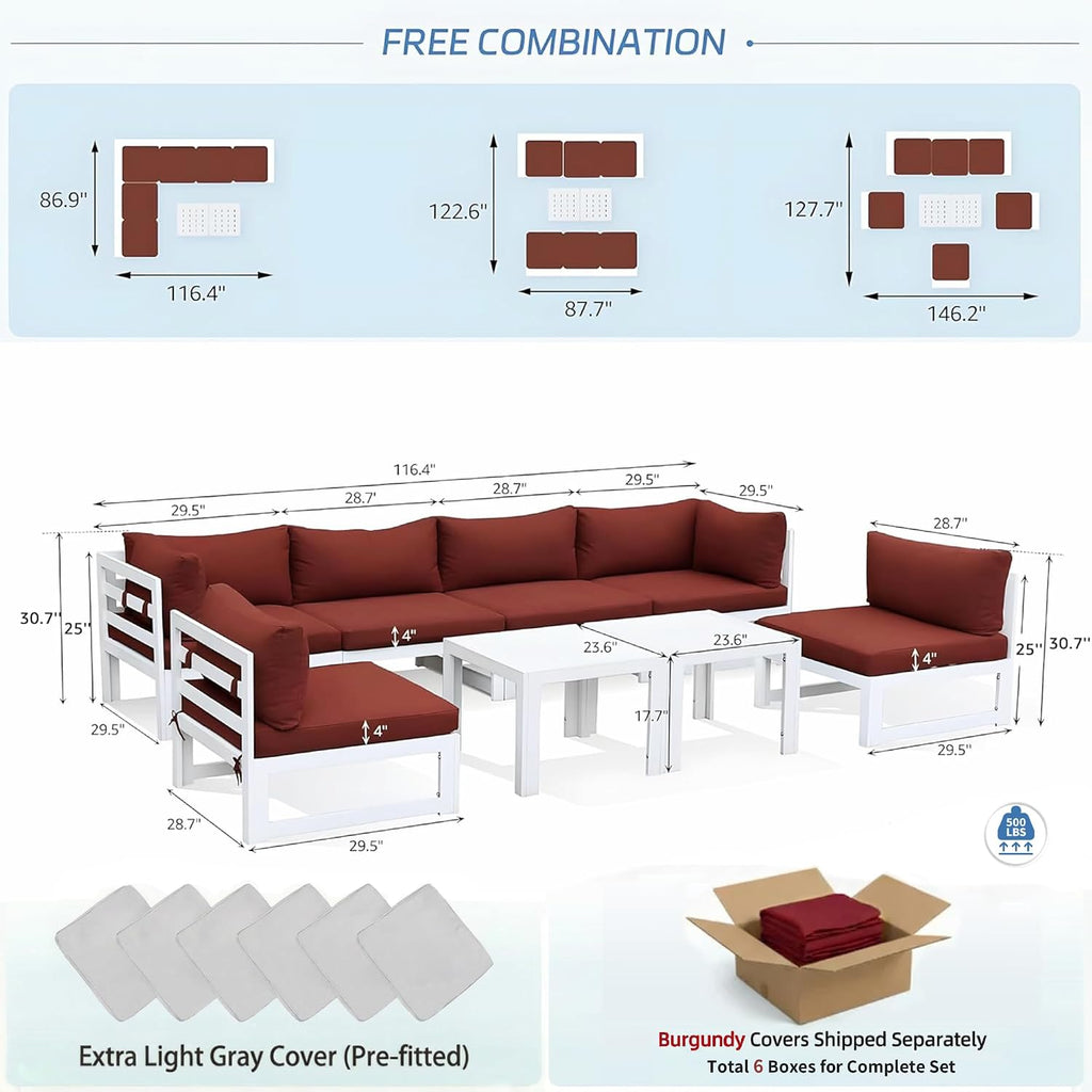 NICESOUL 6 Person Modern Aluminum Outdoor Patio Furniture Set, 29' Wide Deep Seating, Fade & Water Resistant L Shaped Modular Sectional Couch, Large Comfy Conversation Set for Backyard Terrace, Red