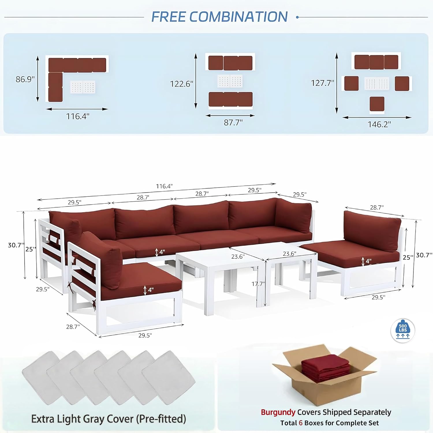NICESOUL 6 Person Modern Aluminum Outdoor Patio Furniture Set, 29' Wide Deep Seating, Fade & Water Resistant L Shaped Modular Sectional Couch, Large Comfy Conversation Set for Backyard Terrace, Red