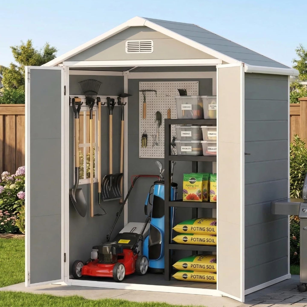 Gizoon 6x4.4 FT Resin Shed with Floor, Plastic Outdoor Storage Shed with Windows, All-Weather Garden Tool Shed with Lockable Doors, Suitable for Backyard & Patio (Grey)