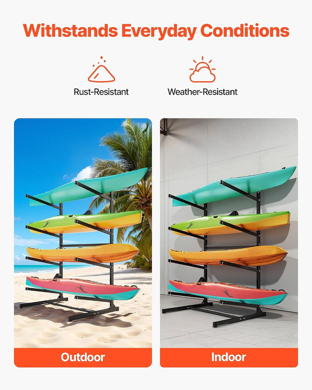 VEVOR Kayak Storage Rack, Heavy Duty Adjustable Freestanding Stand with Lockable Wheels for Indoor Outdoor Garage Shed Dock, Holder for Canoe, SUP, Surfboard & Paddleboard