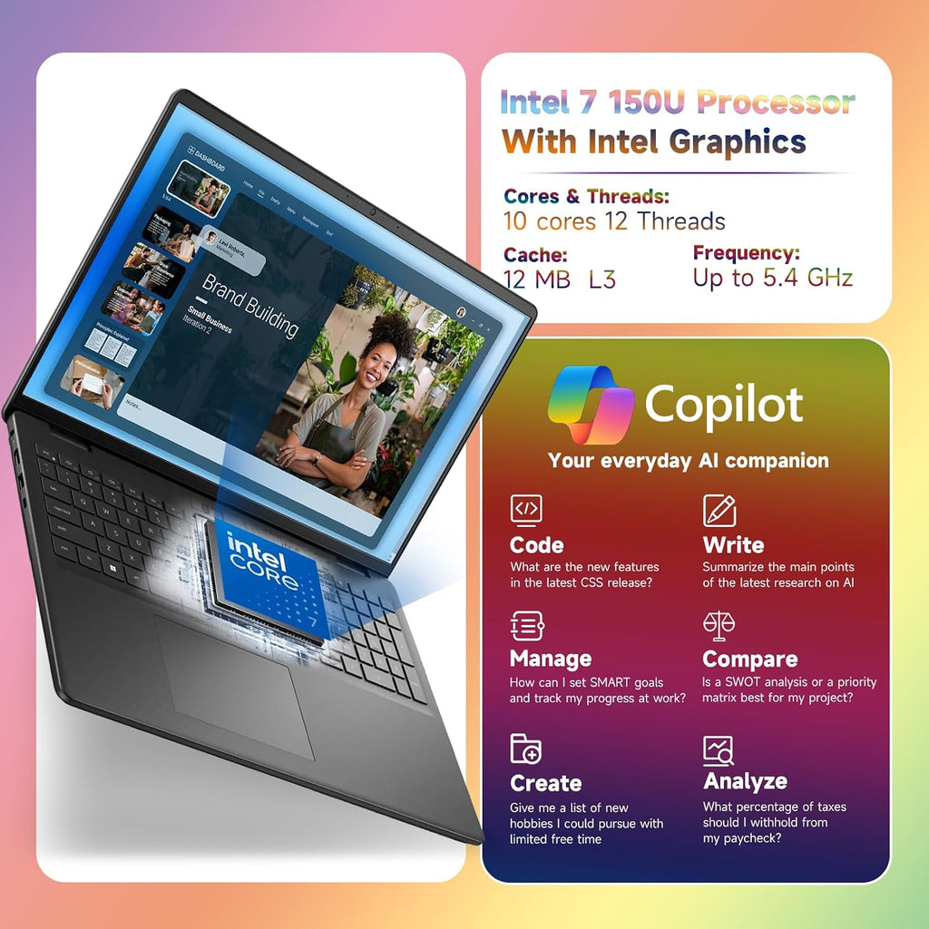 Dell 16' FHD+ Touchscreen Laptop Computer - Intel Core i7-150U Processor(10 Core, Up to 5.4Ghz), 300nits Display, Backlit Keyboard, Windows 11 Pro((32GB DDR5 RAM, 1TB SSD)