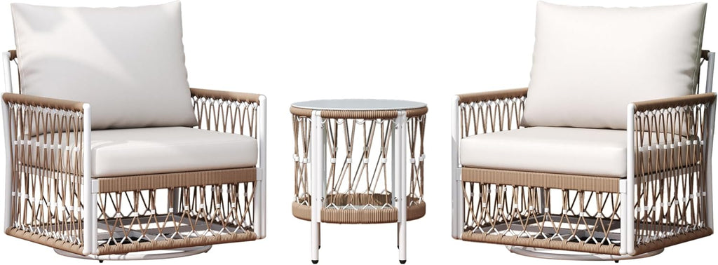 Christopher Knight Home Janna 3-Piece Bohemian Outdoor Patio Furniture Set, Set of 2 Swivel Lounge Chairs with Cushions & Glass Top Side Table, Patio Conversation Set for Garden, Beige + Natural