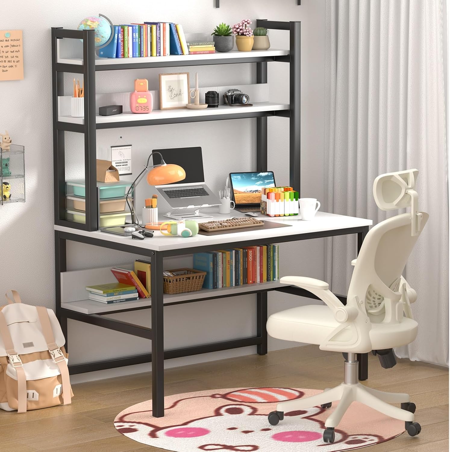 Aquzee Computer Desk with Shelves, 47' W x 23.6' D Gaming Desk with Hutch and Bookshelf, White Study Table for Bedroom Space Saving with 3 Tier Storage Shelf, Home Office Desk for Writing Work