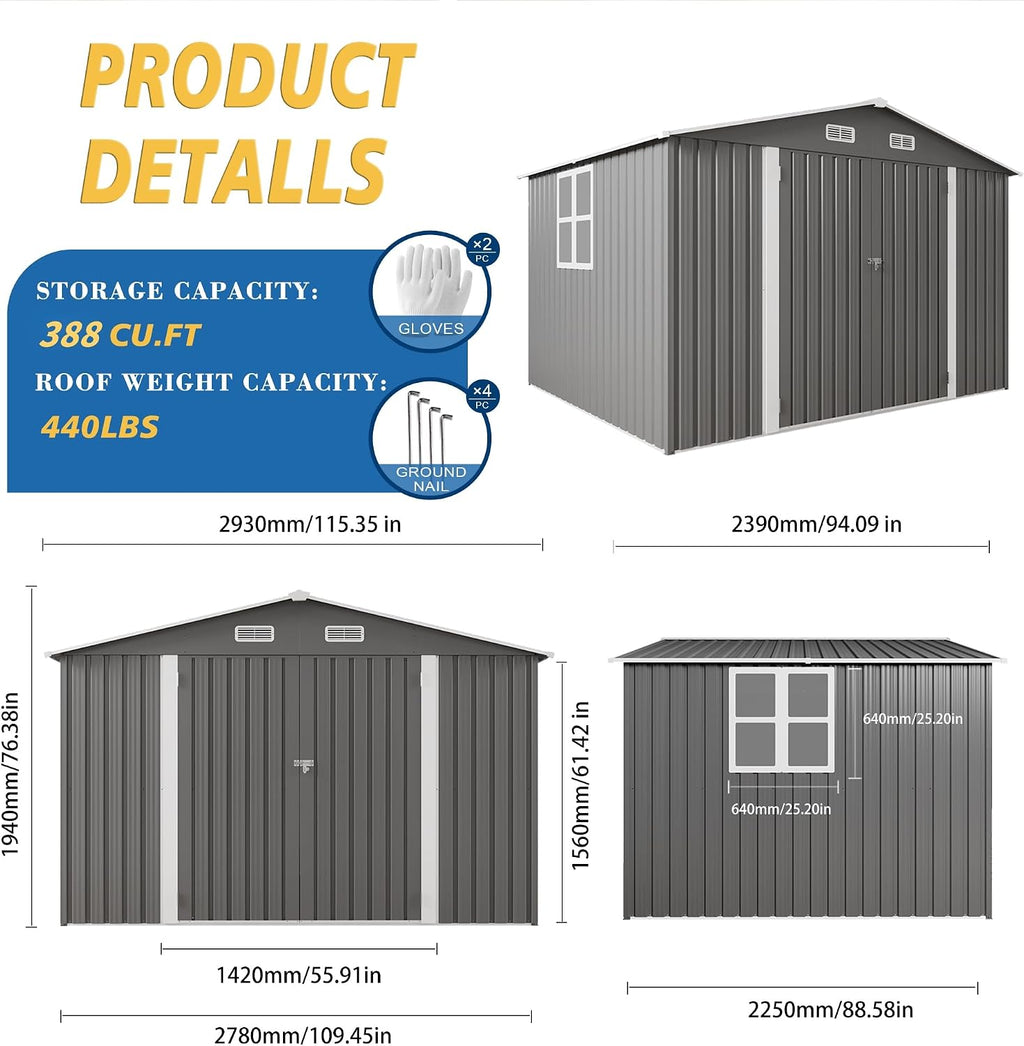 10x8x6.4FT Outdoor Storage Shed, Galvanized Steel Garden Shed with Lockable Door & Window, Waterproof Metal Tool Storage for Garden, Backyard, Patio, Lawn(Grey)