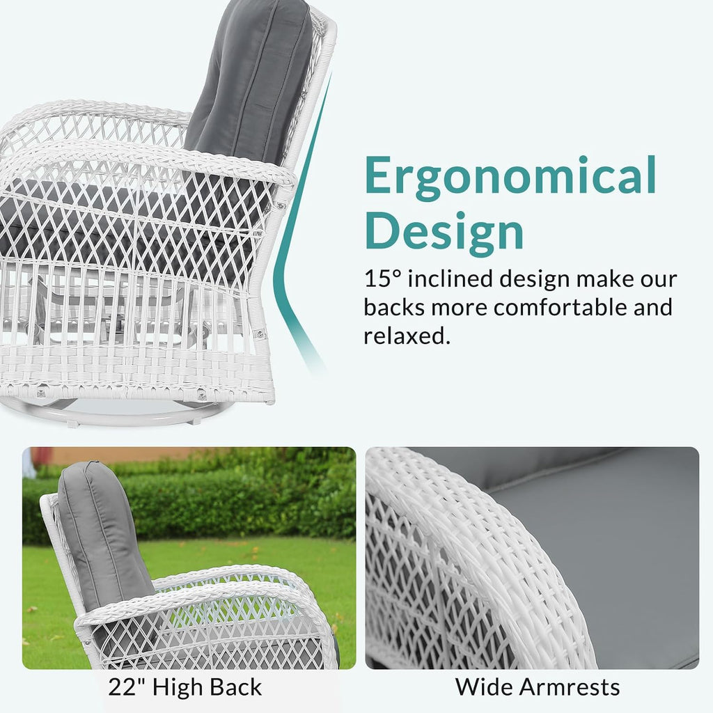 MEETWARM 3 Pieces Outdoor Wicker Swivel Rocker Patio Set, Rocking Chairs Rattan Patio Furniture Sets with Thickened Cushion and Glass-Top Coffee Table, Conversation Bistro Set, White Wicker/Grey