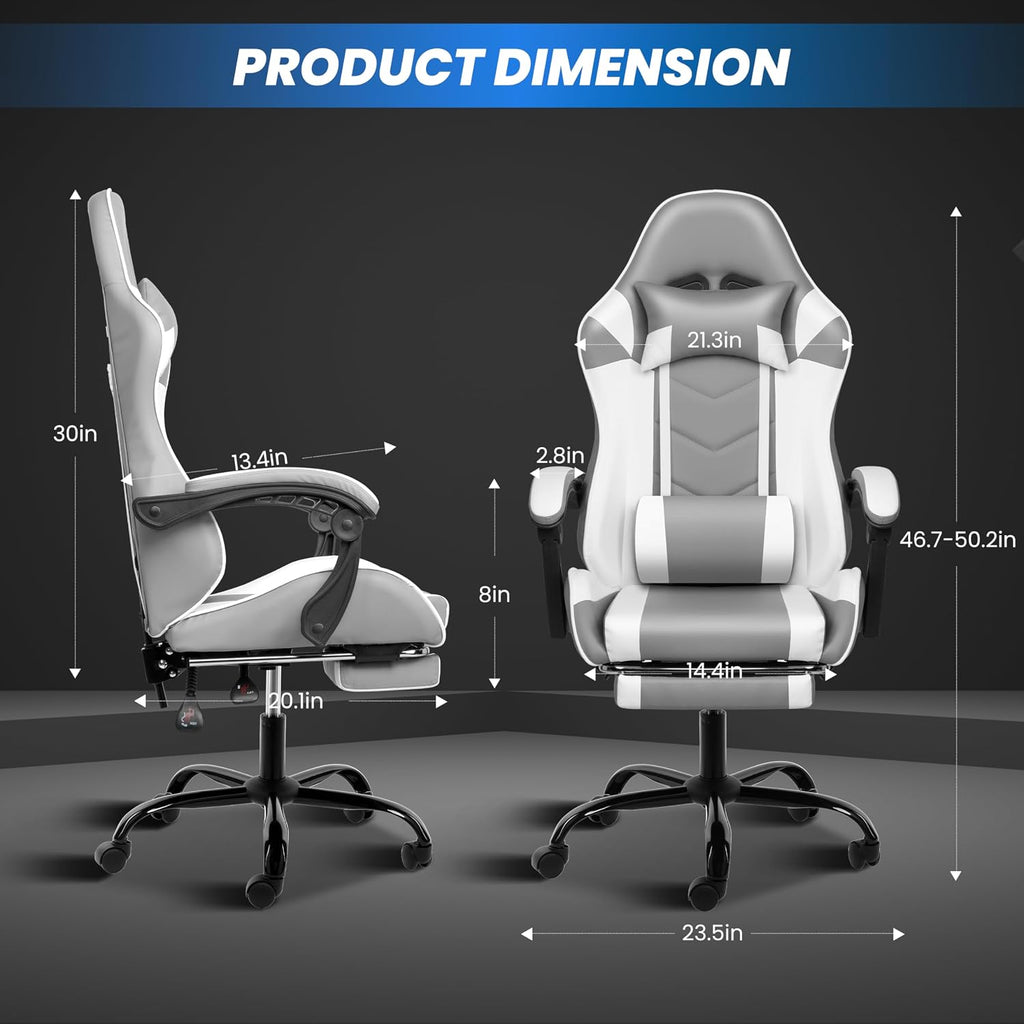 YSSOA Gaming Chair, Computer Chair with Footrest, Height Adjustable & 90°-135° Tilt Function, Swivel Recliner Ergonomic Racing Style Video Game Chair with Lumbar Support (Grey/White)