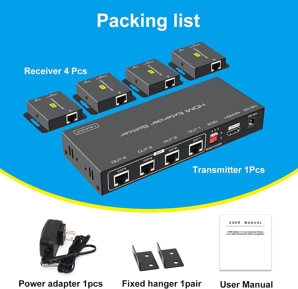 VPFET HDMI Extender Splitter Up to 165ft 1 in 4 Out Over Cat5e or 6 or 7 Repeater Balun Ethernet Sender Transmitter Receiver Support 1080p EDID Presets POC is Only Need TX Power for Work