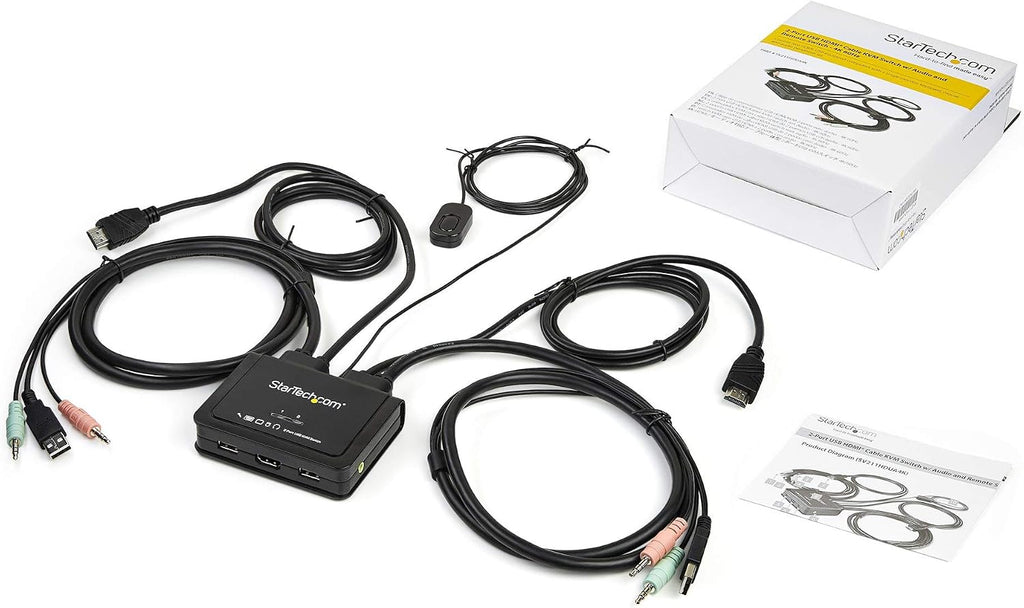 StarTech.com 2 Port HDMI KVM Switch - 4K 60Hz - Compact Dual Port UHD/Ultra HD USB Desktop KVM Switch w/Integrated 4ft Cables & Audio - Bus Powered & Remote Switching - MacBook ThinkPad (SV211HDUA4K)