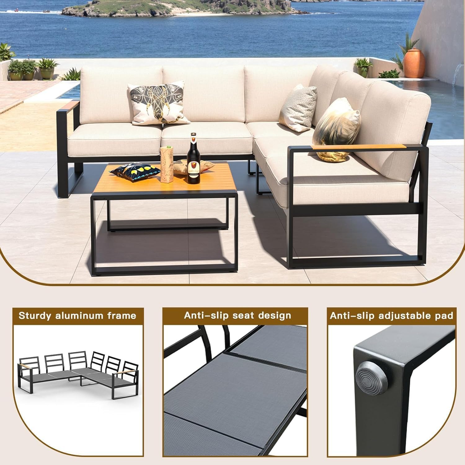 Aluminum Patio Furniture Set, All-Weather Outdoor Couch Sectional, L Shaped Patio Conversation Sets, Metal Corner Sofa with Teak Coffee Table(Cushion: Beige., Black Frame)