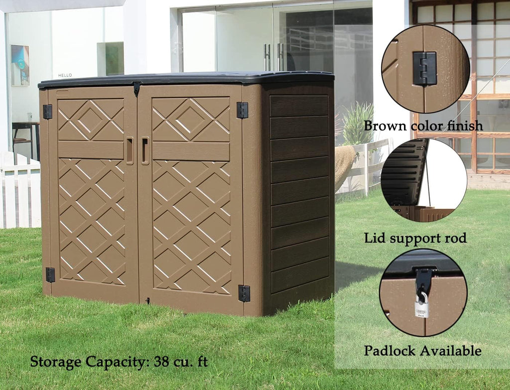 Mrosaa Large Horizontal Storage Sheds,38 cu.ft Resin Garden Shed Weather Resistance,Outdoor Storage Box Lockable for Patio,Backyard,Garden,Home(Brown)
