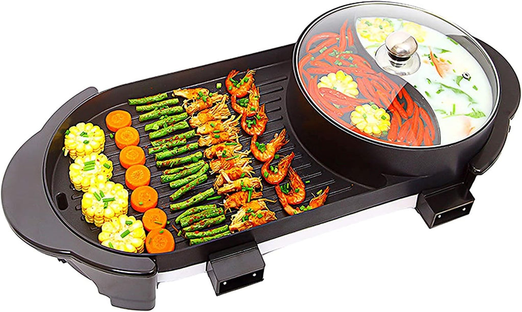 BBQ Smokeless Grill Electric Grill and Hot Pot, Multifunctional BBQ hot Pot Double Pot with 5 Temperature adjustments,Portable Home Electric Barbecue 2 in1 Outdoor Teppanyaki Grill/Shabu Pot (Size :