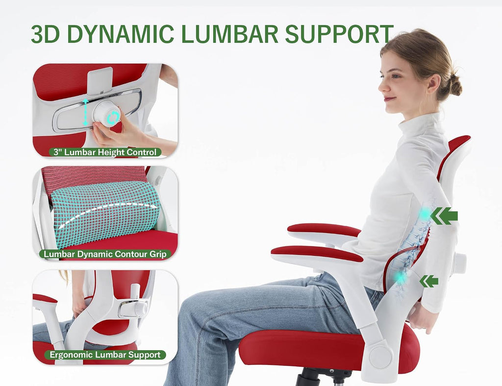 Office Chair Ergonomic Desk Chair Comfy: 400LBS Mesh Computer Chair Ergonomic Gaming Chairs with Wheels Adjustable Lumbar Support and Flip up Armrest-Swivel Executive Chairs Long Hours(Red)