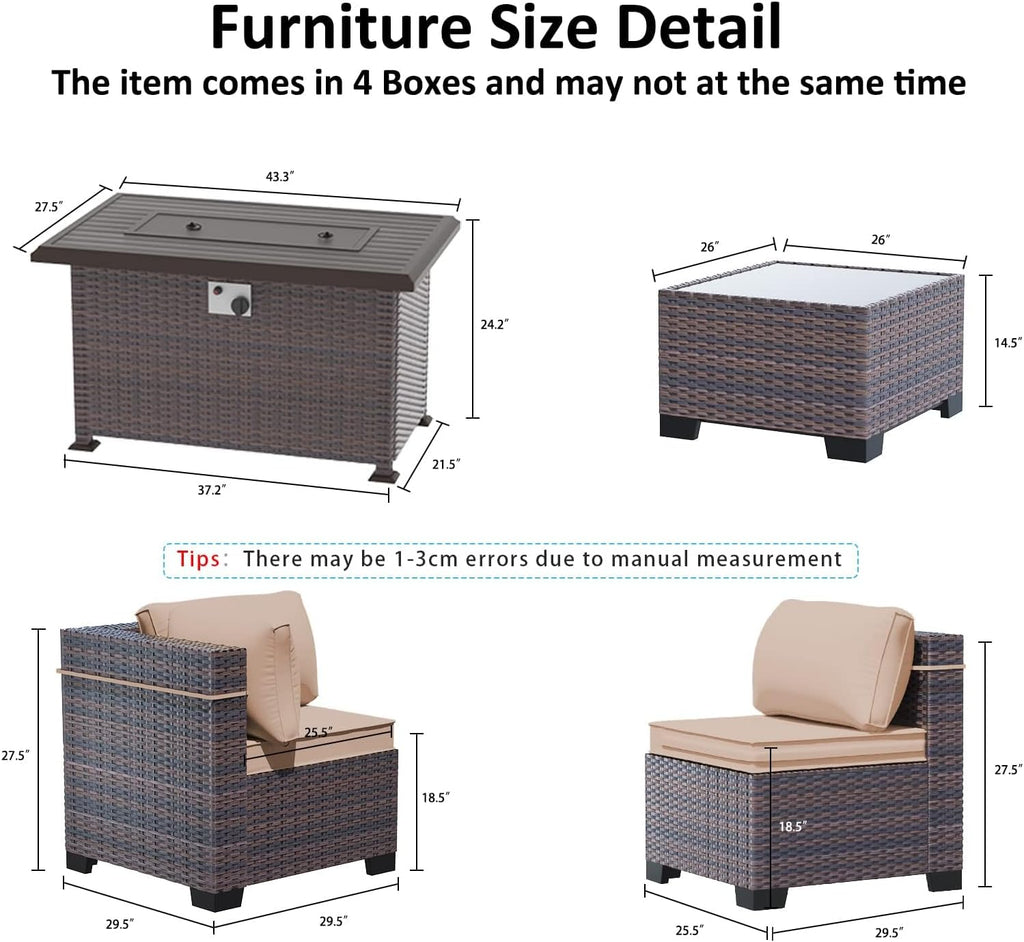 Outdoor Patio Furniture with Fire Pit Table, 6 Pieces Outdoor Furniture Patio Sectional Sofa PE Rattan Conversation Sets w/43 Propane Gas Firepit & Coffee Table for Outside - Brown.