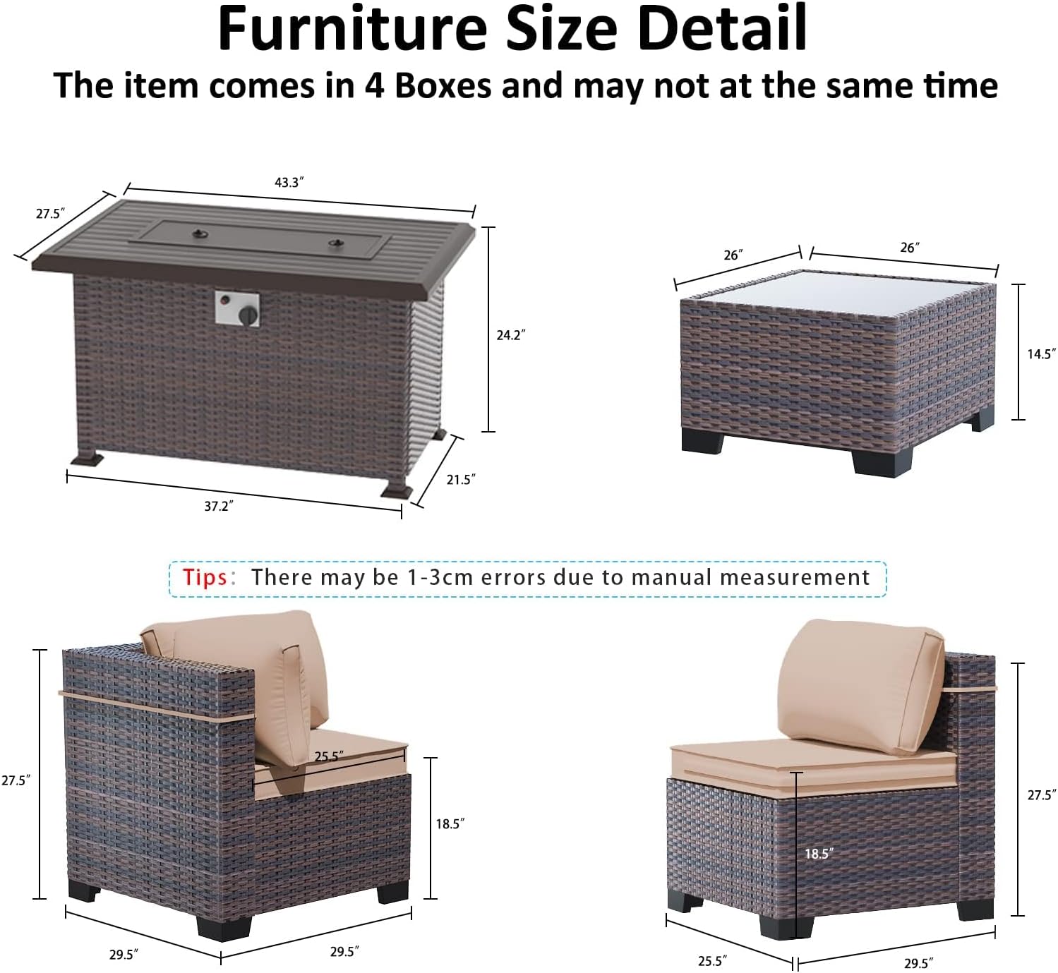 Outdoor Patio Furniture with Fire Pit Table, 6 Pieces Outdoor Furniture Patio Sectional Sofa PE Rattan Conversation Sets w/43 Propane Gas Firepit & Coffee Table for Outside - Brown.