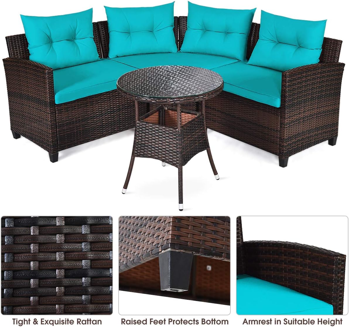 HAPPYGRILL 4 Pieces Patio Furniture Set Outdoor Rattan Wicker Conversation Set with Cushioned Sofas and Coffee Table, L-Shape Sectional Curved Sofa Set for Garden Poolside Balcony