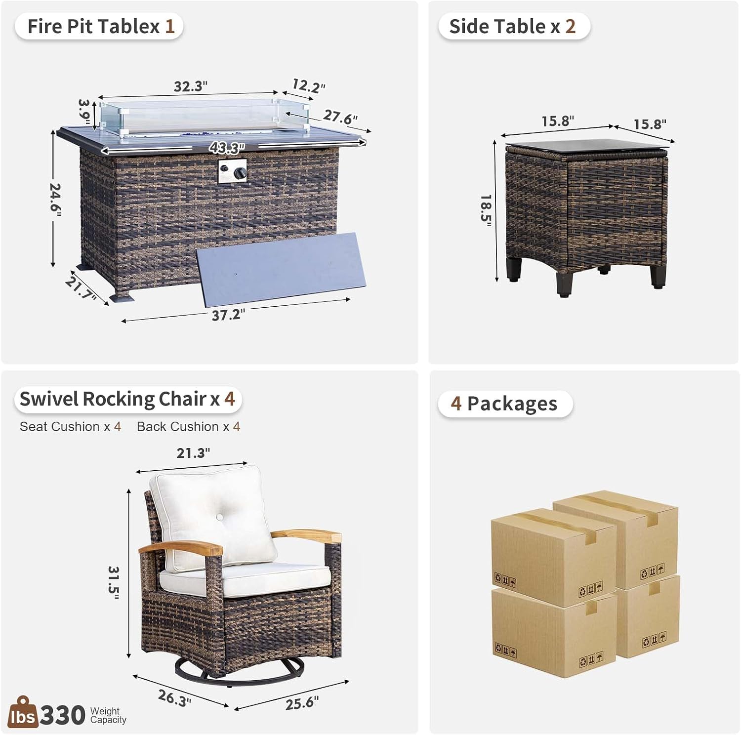 MEISSALIVVE 7 Pieces Patio Furniture Sets with Fire Pit Table, Wicker Outdoor Conversation Sets with 4 Swivel Rocker Chairs and Side Table(Beige)