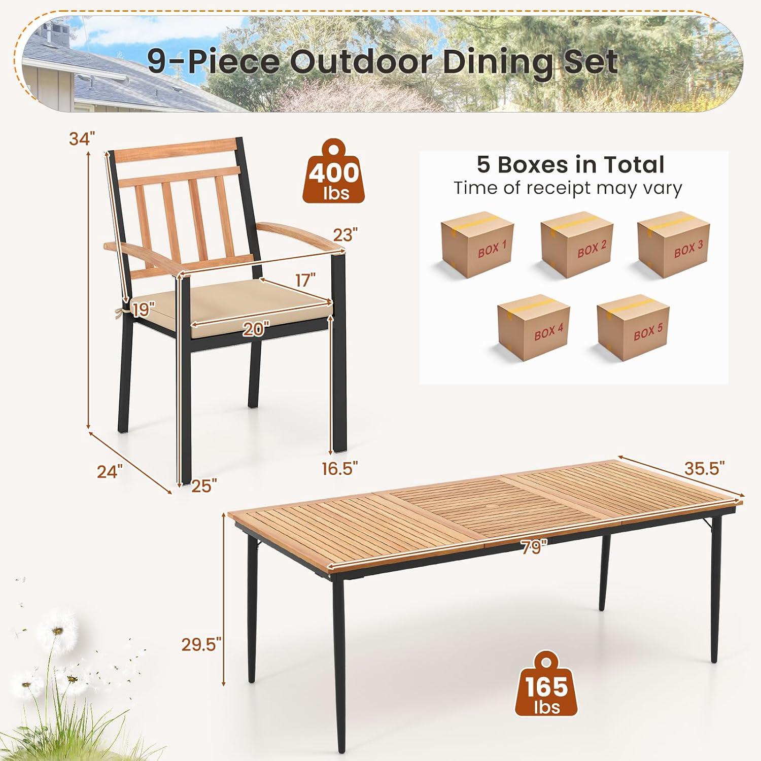 Tangkula 9-Piece Patio Dining Set, 79' Rectangle Dining Tables with 8 Wooden Armchairs, Outdoor Acacia Wood Dining Furniture Set with 1.9' Umbrella Hole for Garden, Porch, Deck